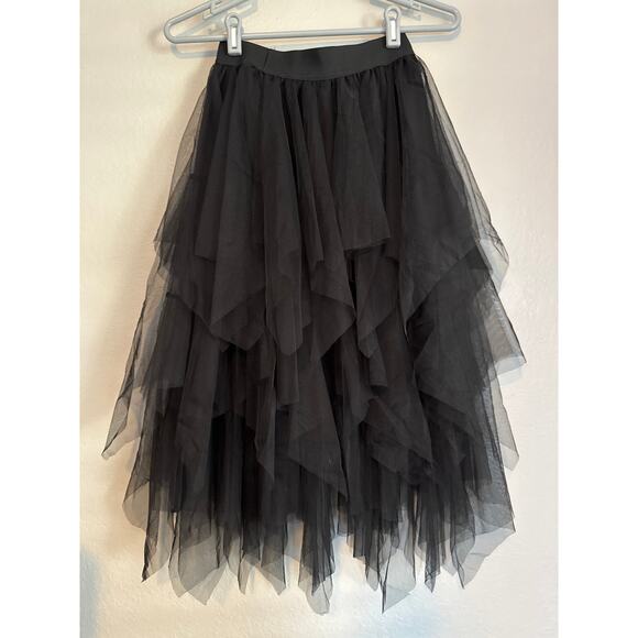 NEW Layered Black Tiered Tulle Midi Skirt Womens XS Elastic Waist Fairygoth - Picture 3 of 6